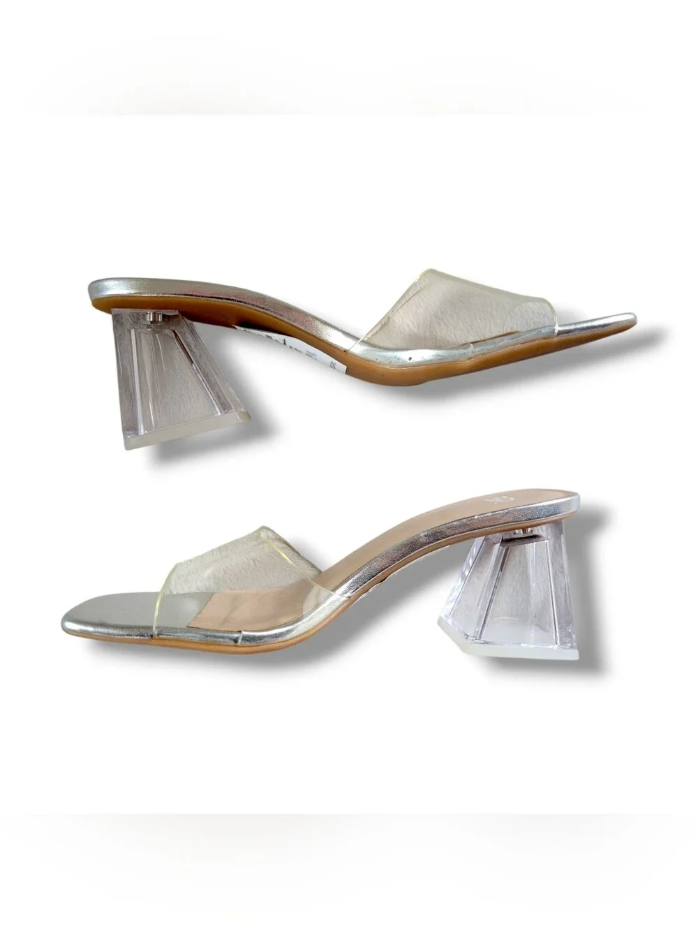 ✨️HP✨️Nordstrom | bp | EUC Metallic Silver/Clear Open Toe Block Heeled Mules - Picture 5 of 10